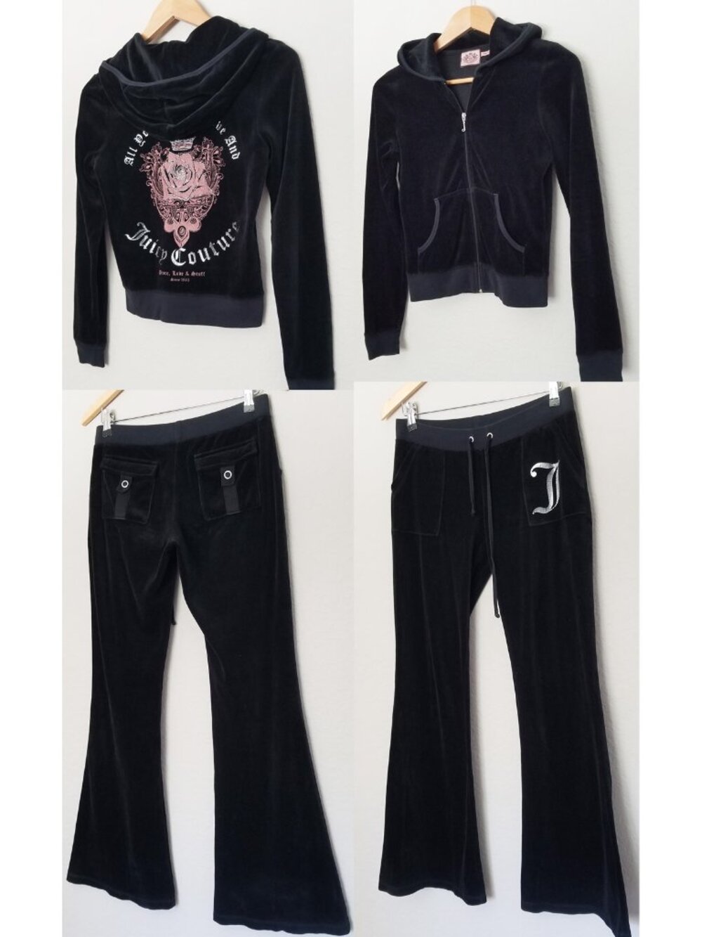 OG Vintage Y2K Juicy Couture Velour Track Suit 2pc Full Set S Black Pink Flared